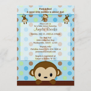 MONKEY Baby shower suitnodiging Polka Dot BLUE GRE Kaart