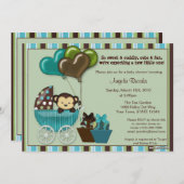 Monkey Baby shower Uitnodiging BLAUWGROEN (Voorkant / Achterkant)