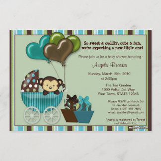 Monkey Baby shower Uitnodiging BLAUWGROEN