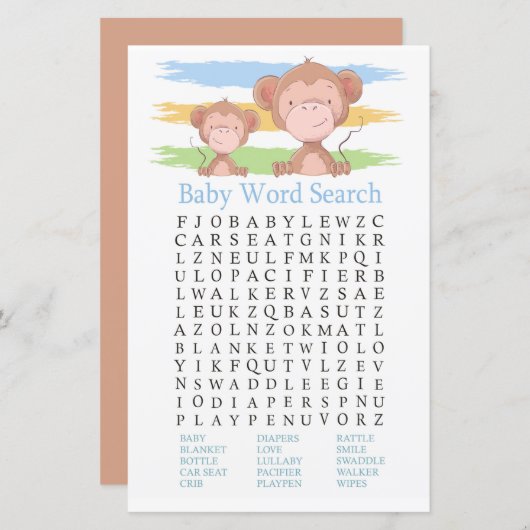 Monkey Baby shower Word Search Game (Voorkant / Achterkant)