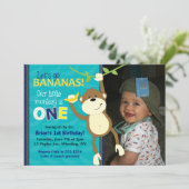 Monkey Bananas First Birthday Photo Invitations Kaart (Staand voorkant)