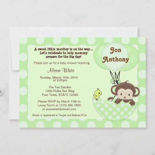 Monkey Birdie Umbrella Baby shower Invitation Kaart (Voorkant)