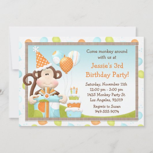 Monkey Birthday Party Invitation Kaart (Voorkant)