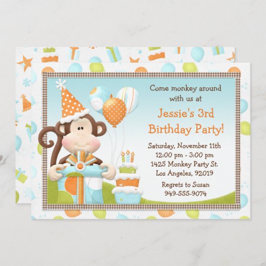 Monkey Birthday Party Invitation Kaart (Voorkant / Achterkant)