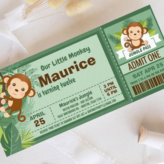 Monkey Boy Oerwoud Ticket Pass Birthday Party Kaart