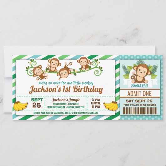 Monkey Boy Oerwoud Ticket Pass Birthday Party Kaart (Voorkant)