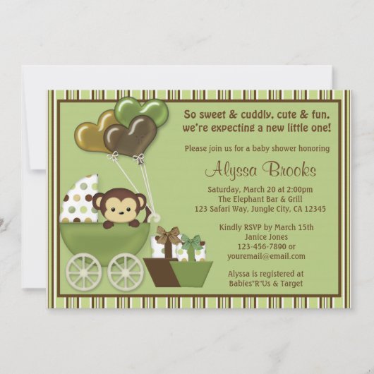 Monkey Carriage v1 Green Baby Shower Invitations (Devant)