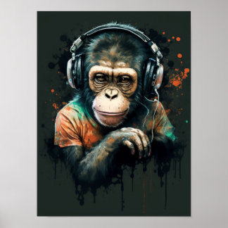 Monkey Chimp DJ met hoofdtelefoon, muziekliefhebbe Poster