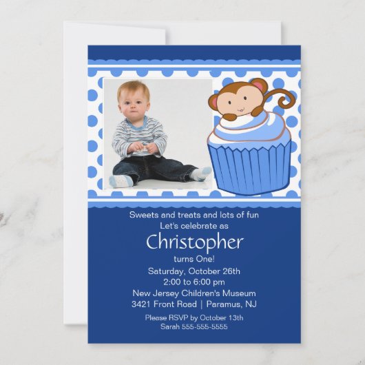 Monkey Cupcake Photo Anniversaire Invitation (Devant)