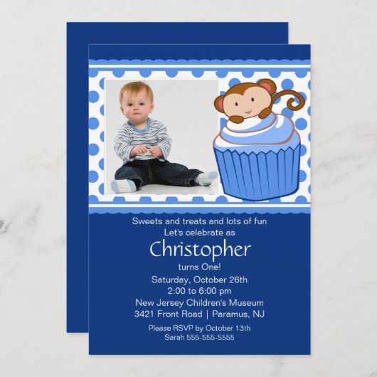 Monkey Cupcake Photo Anniversaire Invitation (Devant / Derrière)
