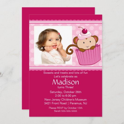 Monkey Cupcake Photo Invitation d'anniversaire (Devant / Derrière)