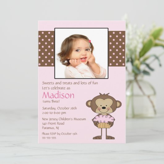 Monkey Cupcake Photo Invitation d'anniversaire (Debout devant)