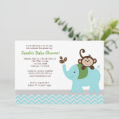 Monkey en Elephant Light Blue Chevron Baby shower Kaart (Staand voorkant)
