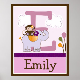 Monkey Girl & Elephant Lettre & Nom Poster Mur