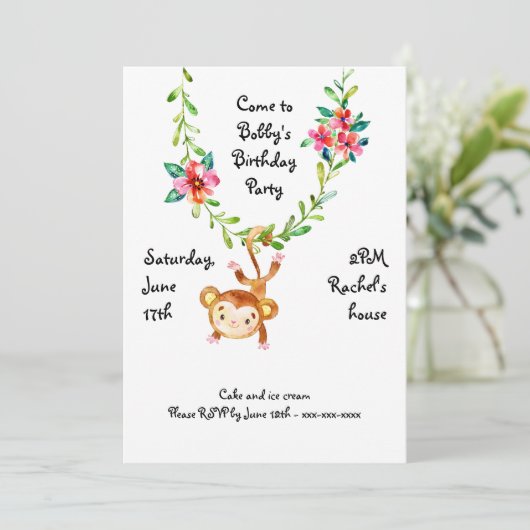 Monkey Hanging on Vine Birthday Invitation Kaart (Staand voorkant)