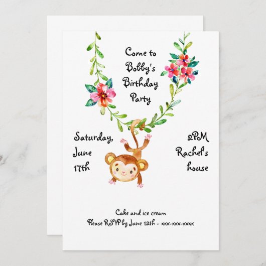 Monkey Hanging on Vine Birthday Invitation Kaart (Voorkant / Achterkant)