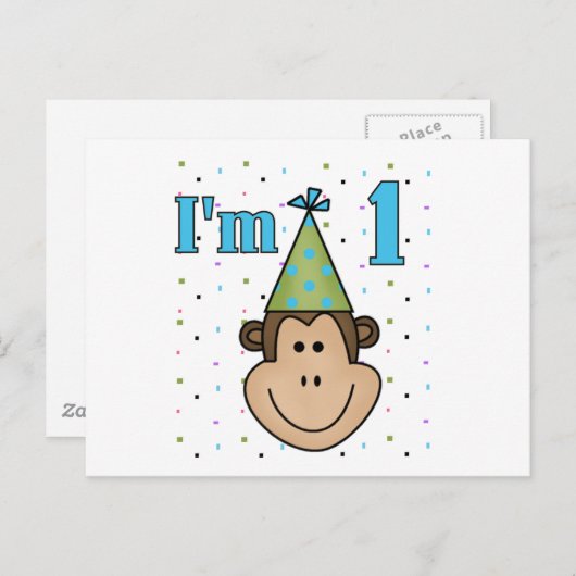 Monkey in Party Pet 1e Verjaardag Tshirts Uitnodiging Briefkaart (Voorkant / Achterkant)
