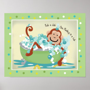 Monkey in Tub Bathroom Art Print - Light Brown Mon