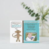 Monkey-ing rond Birthday Party Invite (blauw) Kaart (Staand voorkant)