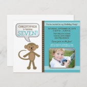 Monkey-ing rond Birthday Party Invite (blauw) Kaart (Voorkant / Achterkant)