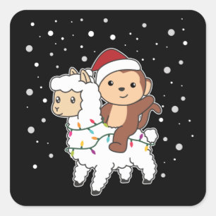 Monkey Lama Kerstwinter Winterdieren Square S Vierkante Sticker