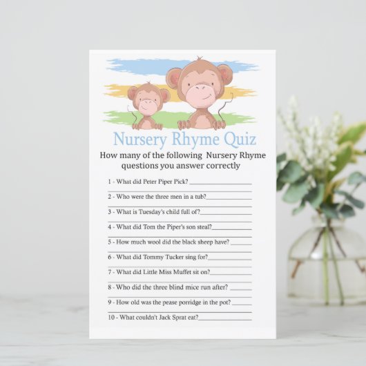 Monkey Nursery Rhyme Quiz baby shower game (Staand voorkant)
