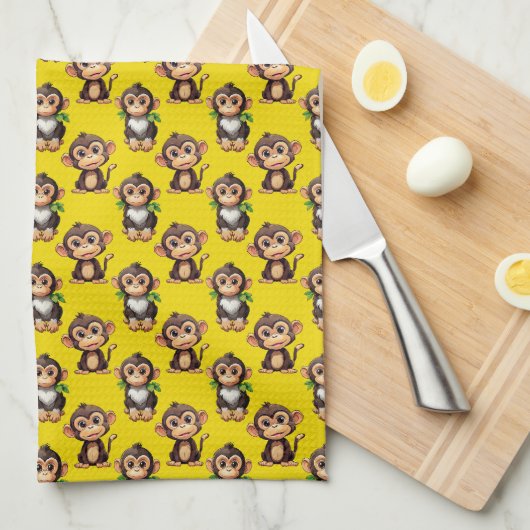 Monkey Pattern Design Yellow  Theedoek (Quarter Fold)