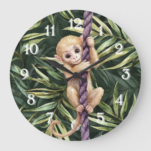 Monkey Purple Rope Green Leaves Grote Klok (Voorkant)