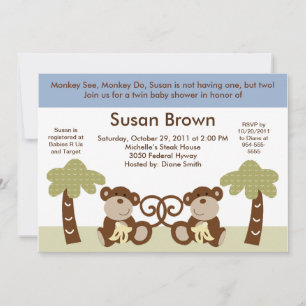 Monkey Twin Baby Boys Shower Uitnodiging