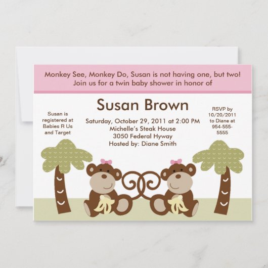 Monkey Twins Baby Girls Douche Invitation (Devant)