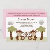 Monkey Twins Baby Girls Douche Invitation (Devant / Derrière)