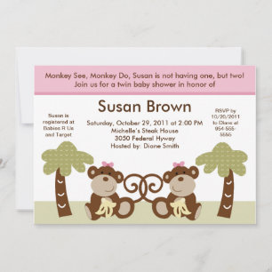 Monkey Twins Baby Girls Douche Invitation