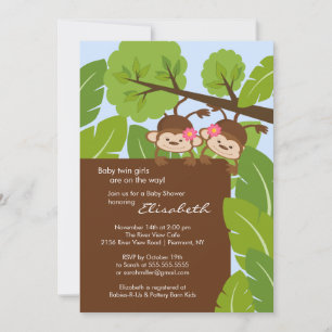 Monkey Twins Baby shower Invitation Girls Kaart