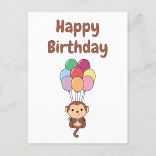 Monkey vliegt omhoog met een kleurrijke ballonkaar briefkaart