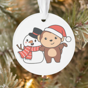 Monkey With Snowman In Winter For Christmas