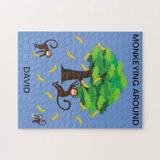 "Monkeying Around" puzzel voor kinderen met naam. Legpuzzel (Horizontaal)