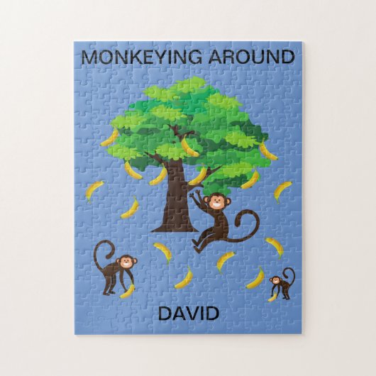 "Monkeying Around" puzzel voor kinderen met naam. Legpuzzel (Verticaal)