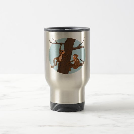 Monkeys climbing the tree cartoon travel mug (Centre)