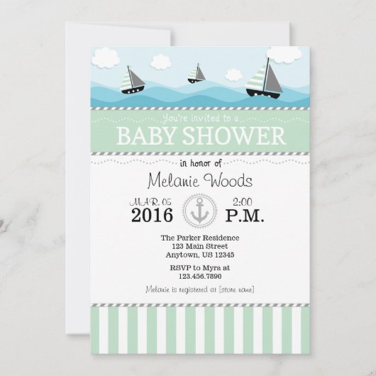 Monnaie Bleu Baby shower Nautique Invitation (Devant)