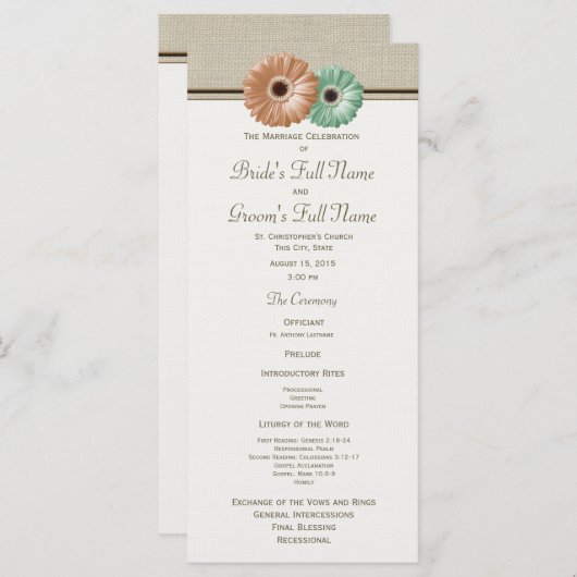 Monnaie et Pêche Gerbera Daisy Wedding Programme (Devant / Derrière)