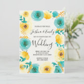 Monnaie jaune bleu Faire-part de mariage floral (Debout devant)