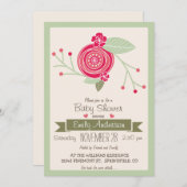 Monnaie verte et rose florale, f Invitation Baby s (Devant / Derrière)