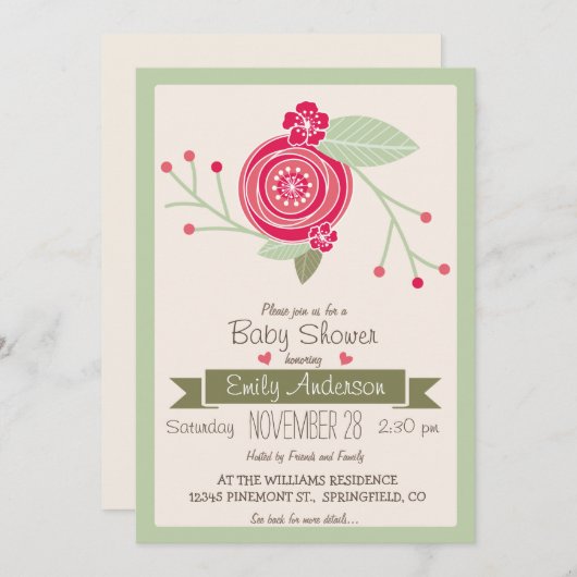 Monnaie verte et rose florale, f Invitation Baby s (Devant / Derrière)