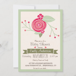 Monnaie verte et rose florale, f Invitation Baby s