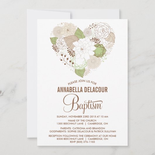 Monnaie Whimsical Floral Heart Baptism Invitation (Devant)