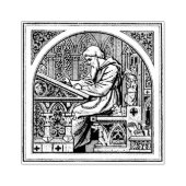Monnik bij middeleeuwse schrijftafel rubberstempel (Afrduk)