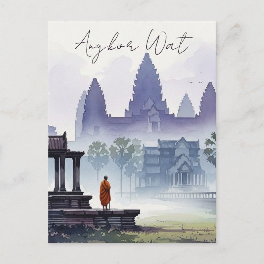 Monnik op de Angkor Wat Cambodja Waterverf Briefkaart (Voorkant)