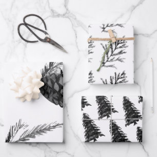 Monochrom Winter Kerstboom Pine Branch Cones Inpakpapier Vel