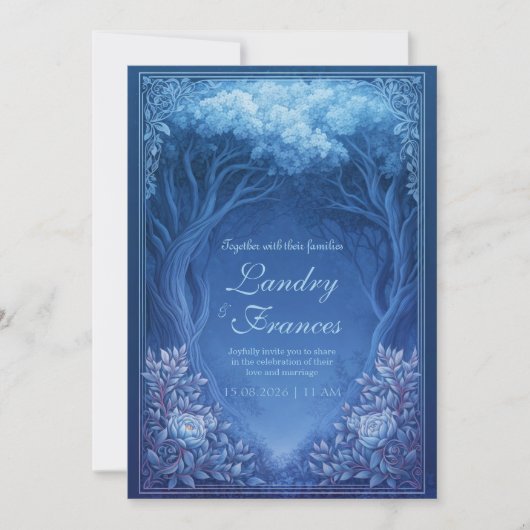 Monochromatic Blue Enchanted Forest Wedding Kaart (Voorkant)