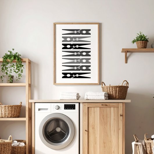 Monochromatic Clothes Pins Laundry Room Art Poster